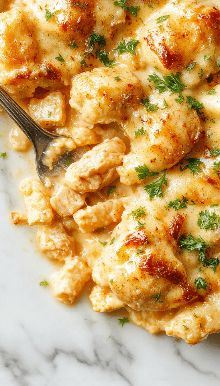 A creamy chicken casserole served in a white ceramic dish, topped with melted cheese and fresh herbs. The casserole features tender shredded chicken in a rich, creamy sauce, garnished with chopped parsley and dotted with slices of cherry tomatoes. The vibrant dish contrasts beautifully with the neutral background, highlighting its textures and inviting appearance.