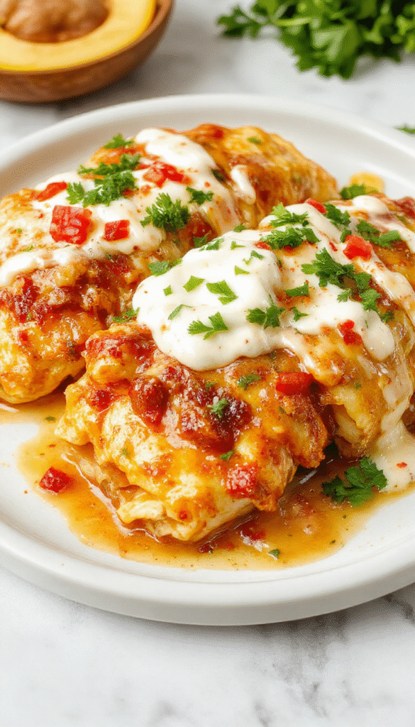 Colorful plated chicken enchiladas topped with melted cheese and a drizzle of creamy white sour cream sauce. The dish features rolled tortillas filled with seasoned chicken, garnished with chopped cilantro and red pepper flakes. The background showcases a rustic wooden table with fresh ingredients like sour cream, shredded cheese, and sliced jalapenos, emphasizing a vibrant and inviting presentation with textures of smooth sauce, crispy edges, and tender chicken filling.