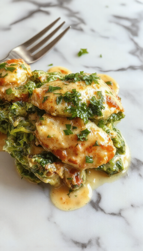 A beautifully plated Chicken Florentine dish featuring tender chicken breasts topped with vibrant spinach and melted cheese, served on a elegant white plate with a light sauce, garnished with fresh herbs, and styled with a rustic wooden background.