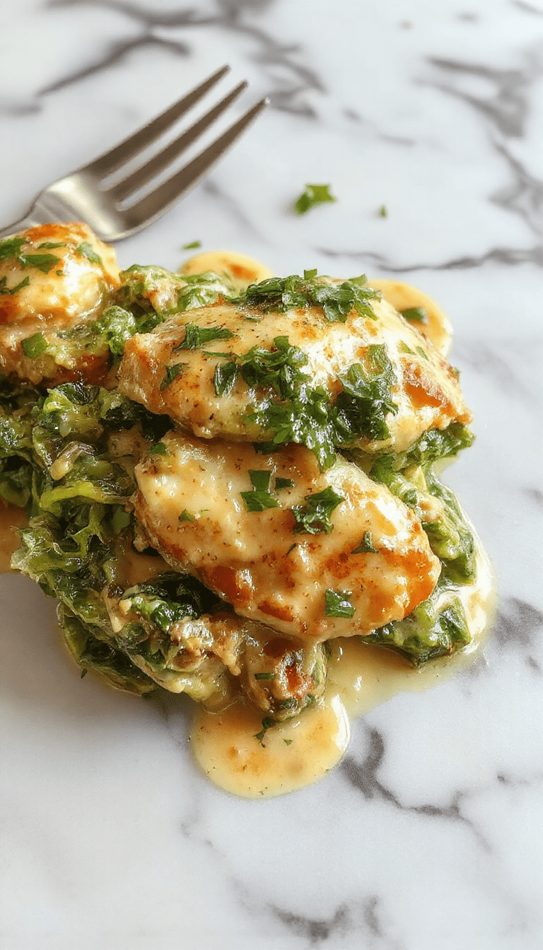 A beautifully plated Chicken Florentine dish featuring tender chicken breasts topped with vibrant spinach and melted cheese, served on a elegant white plate with a light sauce, garnished with fresh herbs, and styled with a rustic wooden background.