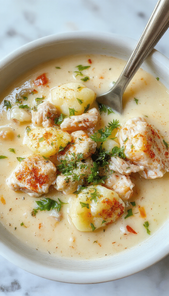 A steaming bowl of creamy chicken gnocchi soup showcasing tender gnocchi, shredded chicken, spinach, and melted cheese, topped with fresh herbs on a rustic wooden table with a spoon beside it.