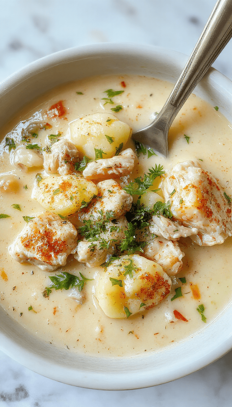 A steaming bowl of creamy chicken gnocchi soup showcasing tender gnocchi, shredded chicken, spinach, and melted cheese, topped with fresh herbs on a rustic wooden table with a spoon beside it.