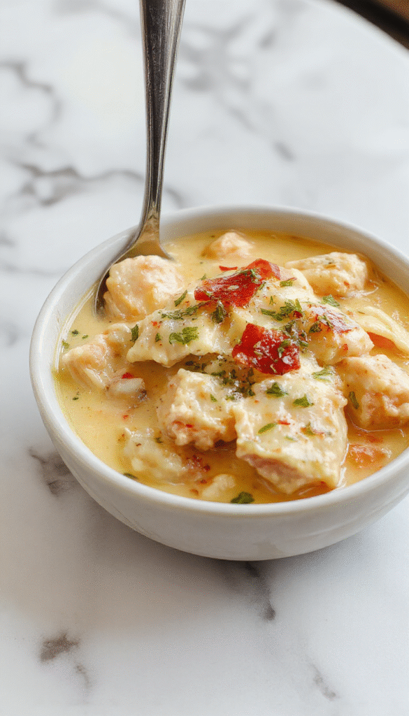 A vibrant plate of creamy chicken pot pie pasta featuring tender pieces of chicken immersed in a rich, golden sauce with flaky pie crust crumbles on top, garnished with chopped parsley, served on a rustic white plate against a cozy wooden background with sprigs of herbs and a side of fresh vegetables.