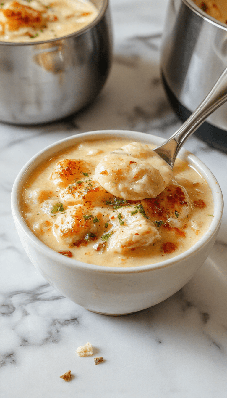 A warm bowl of chicken pot pie soup showcasing a golden, flaky pastry crust topping with chunks of tender chicken, vegetables, and a creamy broth, garnished with fresh herbs and served on a rustic wooden table.