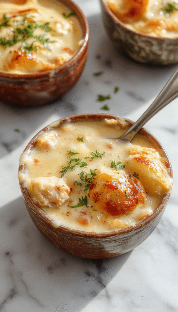 A warm bowl of chicken pot pie soup topped with crispy golden pie crust crumbles, fresh herbs, and a drizzle of cream. The soup's creamy texture with chunks of tender chicken, vegetables, and a rich broth is beautifully presented on a rustic wooden table, evoking comfort and homestyle baking.
