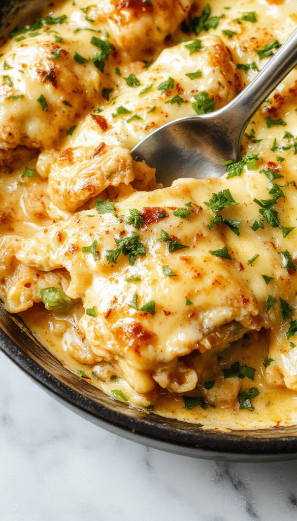 A vibrant close-up of a skillet filled with creamy white chicken lasagna, topped with melted cheese and fresh herbs, showcasing layers of tender chicken, pasta, and rich sauce, with a rustic wooden background and steam rising.