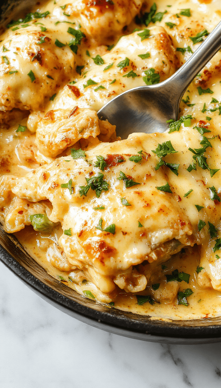 A vibrant close-up of a skillet filled with creamy white chicken lasagna, topped with melted cheese and fresh herbs, showcasing layers of tender chicken, pasta, and rich sauce, with a rustic wooden background and steam rising.