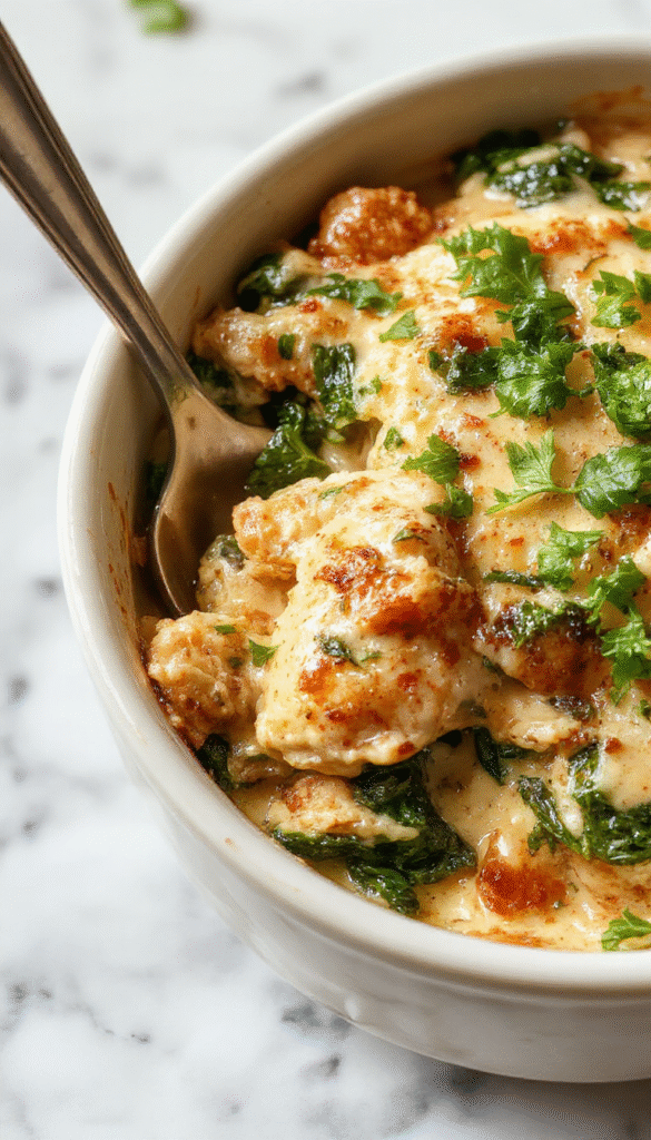 A close-up of a golden-brown chicken and spinach casserole in a white ceramic baking dish, topped with melted cream cheese and fresh spinach leaves, garnished with chopped herbs, served on a rustic wooden table with a spoon ready to serve, vibrant green spinach contrasts with creamy cheese and tender chicken pieces, creating an inviting and hearty dish