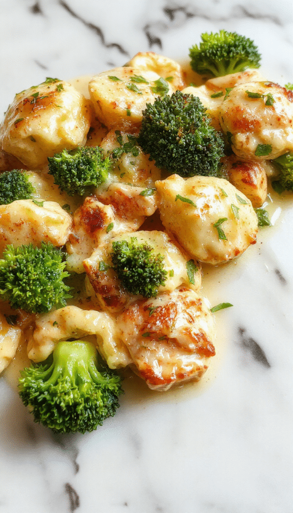 A bowl of creamy chicken tortellini garnished with fresh broccoli florets, drizzled with a creamy sauce, arranged on a rustic wooden table with a sprig of basil, vibrant green broccoli contrasts with the golden-tinted tortellini, styled in a cozy, inviting setting.