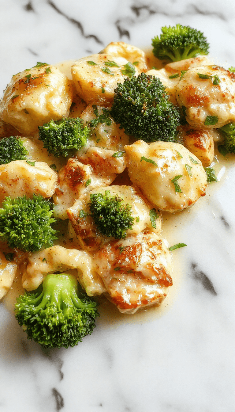 A bowl of creamy chicken tortellini garnished with fresh broccoli florets, drizzled with a creamy sauce, arranged on a rustic wooden table with a sprig of basil, vibrant green broccoli contrasts with the golden-tinted tortellini, styled in a cozy, inviting setting.