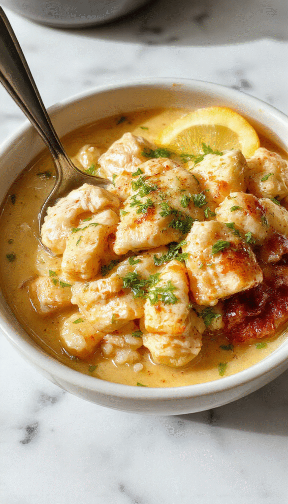 A close-up shot of a creamy chicken and rice dish served in a rustic white bowl. The chicken is tender and smothered in a rich, velvety sauce, with fluffy rice underneath. Garnished with fresh chopped parsley and a sprinkle of black pepper, the dish showcases golden-brown chicken pieces contrasted against the creamy sauce and white rice, all set on a wooden table with a neutral background.