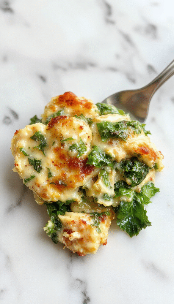 A close-up of a creamy chicken and spinach casserole served in a rustic white dish. The casserole has a golden-brown top with melted cheese, vibrant green spinach peeking through, and tender chunks of chicken visible. The dish is garnished with fresh herbs and set against a neutral background, highlighting the textures and colors.