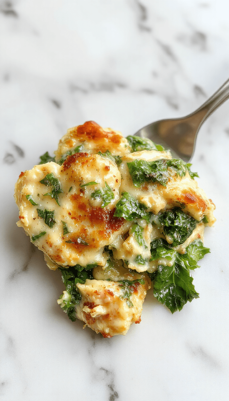 A close-up of a creamy chicken and spinach casserole served in a rustic white dish. The casserole has a golden-brown top with melted cheese, vibrant green spinach peeking through, and tender chunks of chicken visible. The dish is garnished with fresh herbs and set against a neutral background, highlighting the textures and colors.