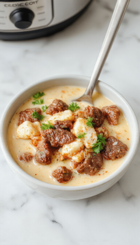 A vibrant bowl of slow cooker beef coconut curry topped with fresh cilantro, showcasing tender beef pieces immersed in a rich, creamy coconut sauce with colorful vegetables, styled with a rustic spoon and a sprinkle of herbs.