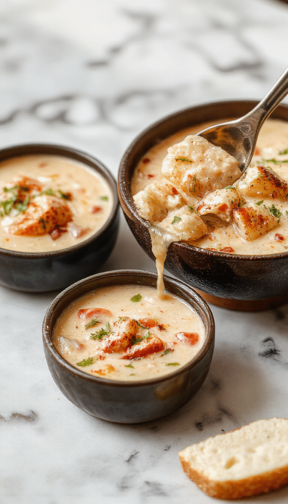 A bowl of creamy cowboy soup showcasing a thick, velvety texture with chunks of tender beef, vibrant vegetables, topped with fresh herbs, served on a rustic wooden table with a spoon and sliced bread in the background.