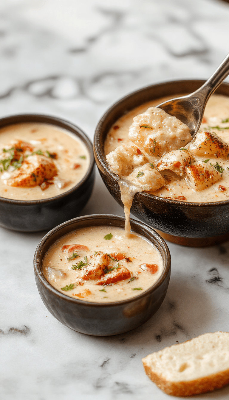 A bowl of creamy cowboy soup showcasing a thick, velvety texture with chunks of tender beef, vibrant vegetables, topped with fresh herbs, served on a rustic wooden table with a spoon and sliced bread in the background.