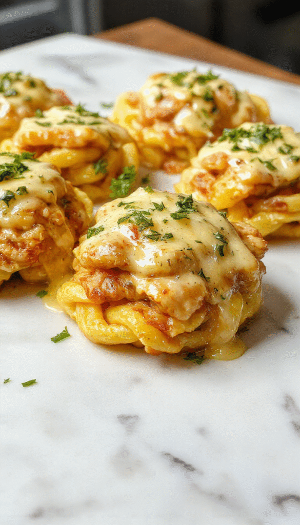 A vibrant plate featuring succulent garlic butter chicken bites glazed with garlic and herbs, nestled on a bed of creamy, al dente pasta topped with fresh parsley, with a drizzle of garlic butter sauce, styled elegantly on a rustic wooden table with garnishes.