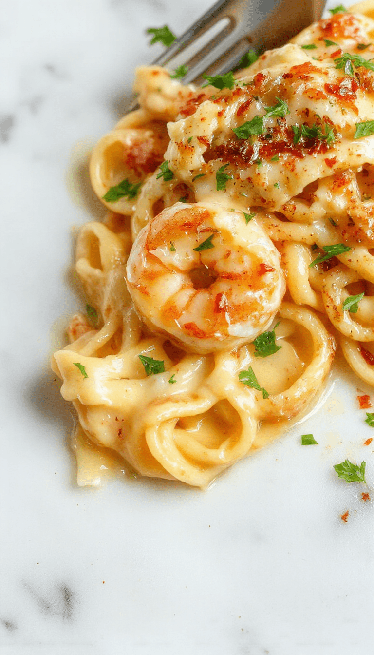 A vibrant plate of creamy garlic butter shrimp pasta featuring golden-brown shrimp coated in a rich, buttery sauce, garnished with chopped parsley, served on a white ceramic plate with a fork twisting a mound of pasta, set against a rustic wooden background with lemon wedges in the scene.