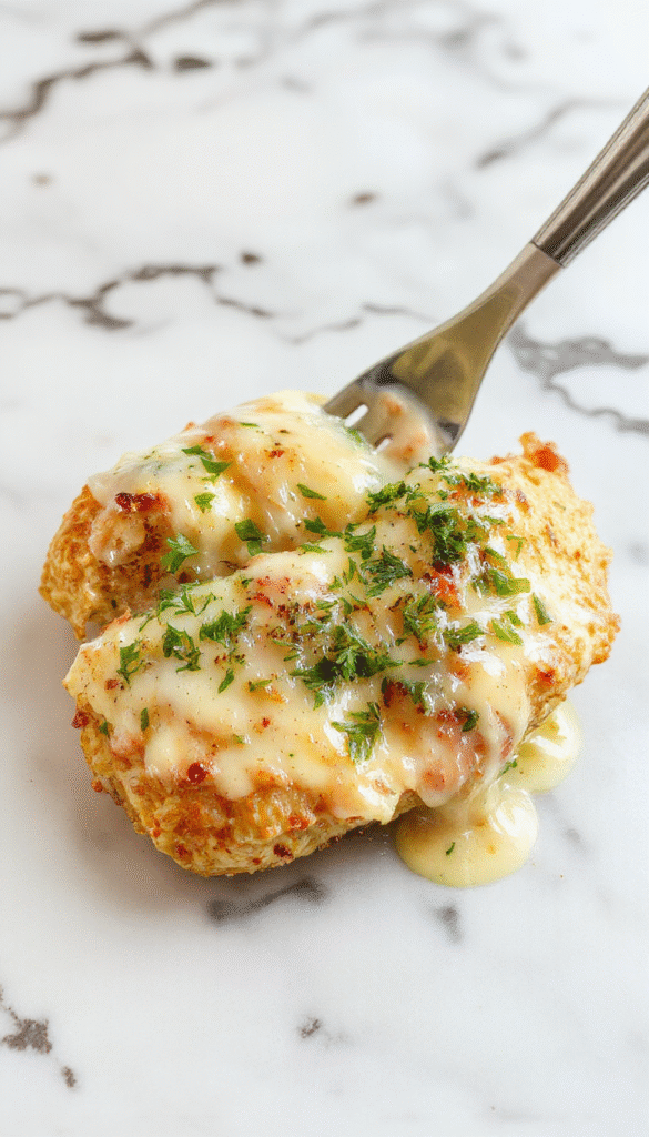 A close-up of a sizzling skillet with golden-brown chicken breasts coated in a luscious, creamy white sauce infused with garlic and topped with grated parmesan cheese, garnished with fresh parsley, set against a rustic wooden background.