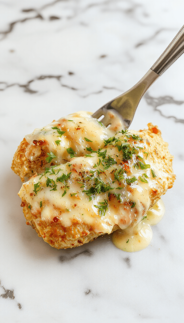 A close-up of a sizzling skillet with golden-brown chicken breasts coated in a luscious, creamy white sauce infused with garlic and topped with grated parmesan cheese, garnished with fresh parsley, set against a rustic wooden background.