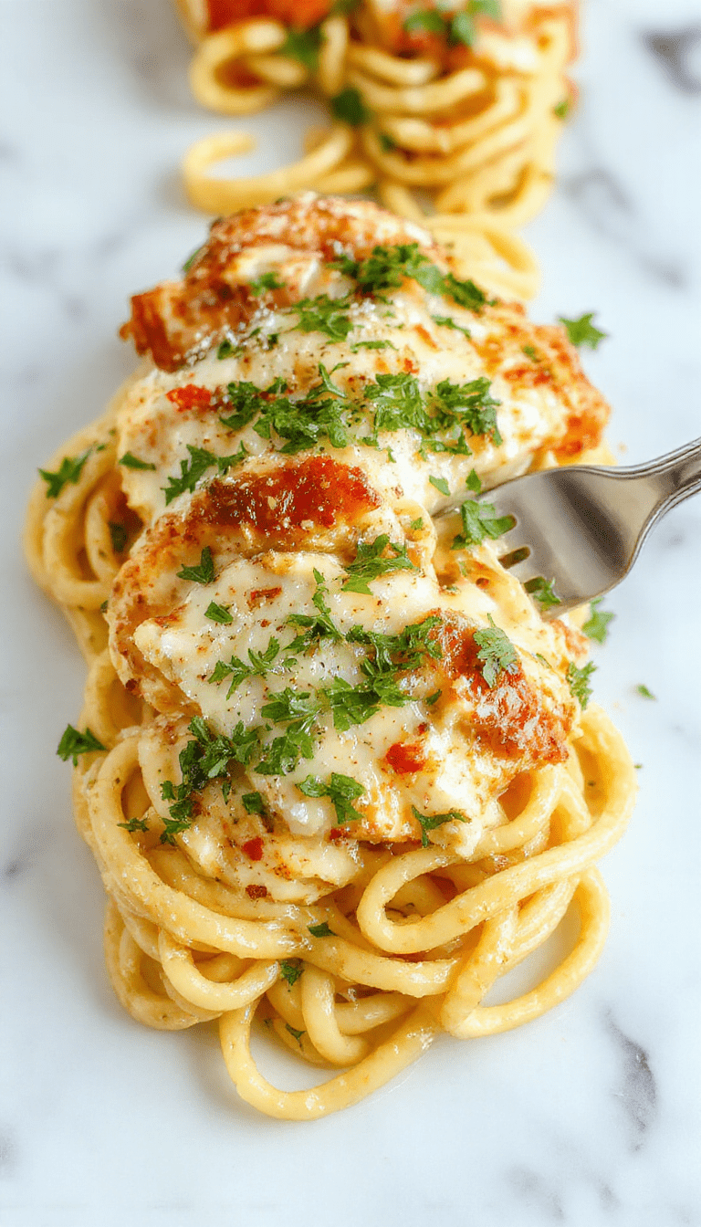 A vibrant plate of creamy garlic parmesan chicken pasta featuring tender sliced chicken breasts, al dente pasta coated in a rich, creamy sauce with golden garlic and grated parmesan sprinkled on top, garnished with fresh parsley. The dish is served on a white ceramic plate with a rustic wooden table background, emphasizing the comforting and savory appeal of the recipe.