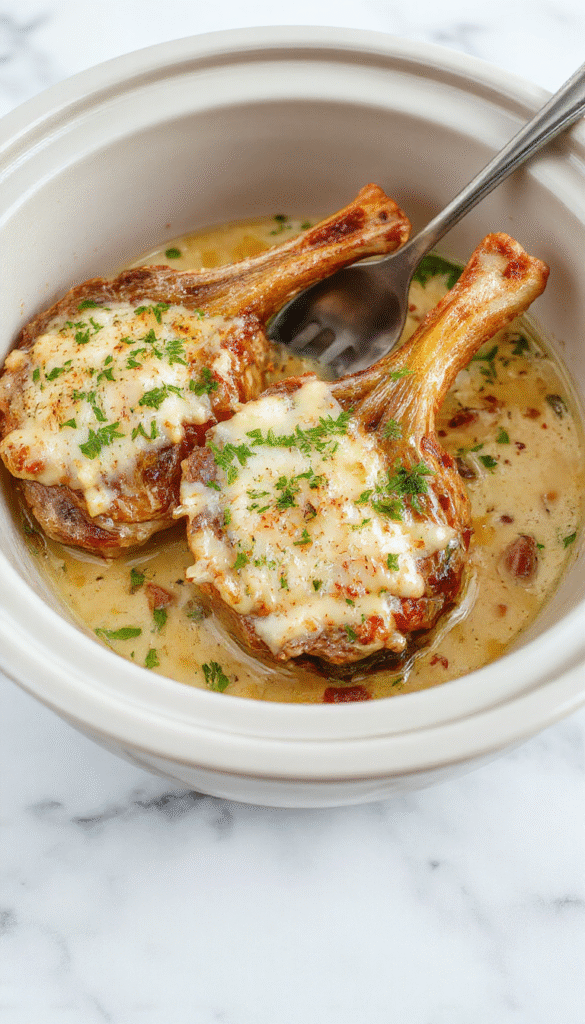 Golden-brown pork chops with a creamy garlic Parmesan sauce drizzled over them, garnished with fresh parsley. The pork chops are arranged neatly on a white plate, with a rustic background and a sprinkle of grated Parmesan cheese on top, showcasing a rich, creamy sauce with visible minced garlic and herbs.