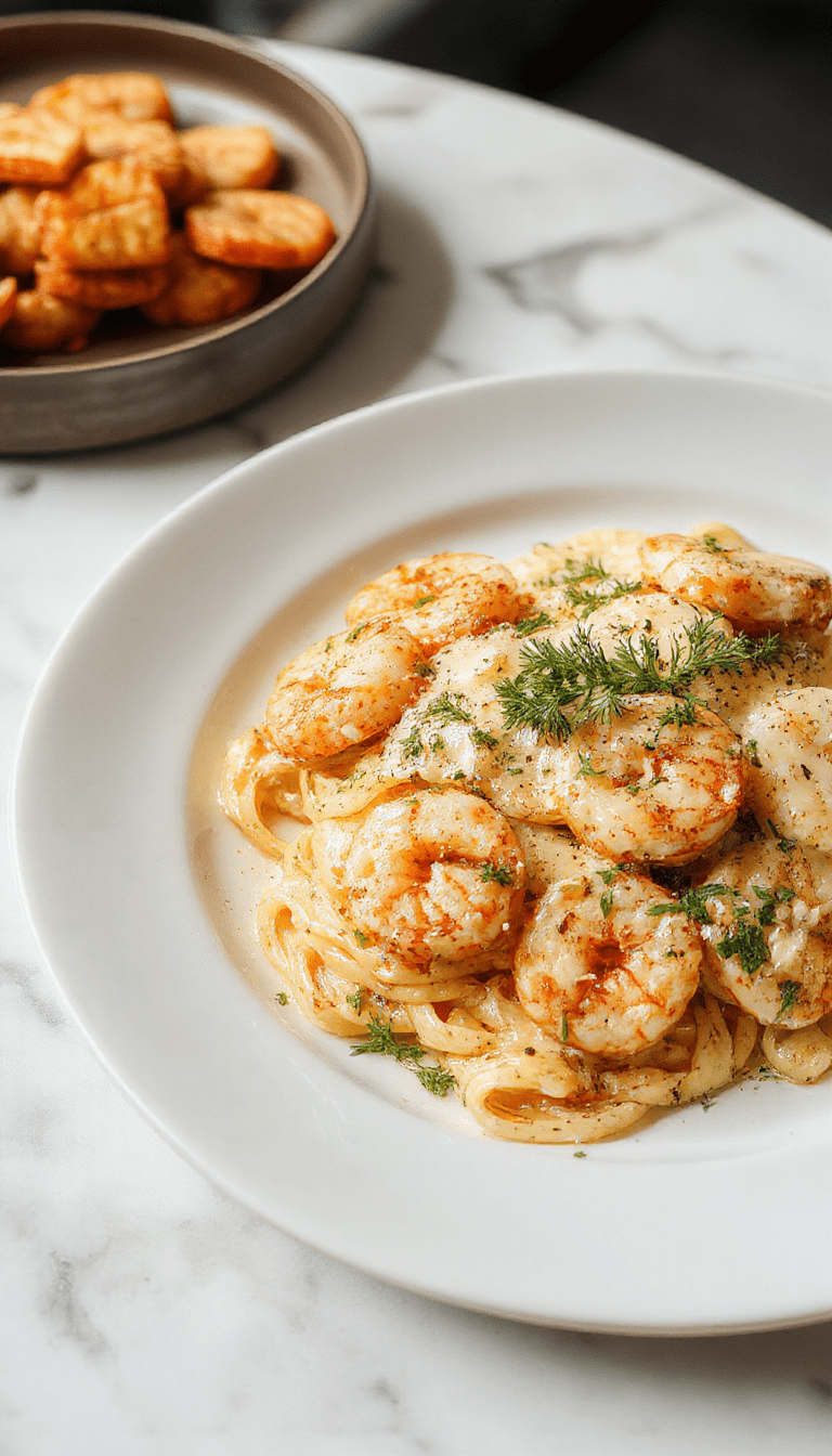 A vibrant plate of creamy garlic shrimp pasta featuring juicy shrimp, al dente pasta coated in a rich, velvety white sauce topped with fresh chopped parsley and a lemon wedge, styled beautifully on a rustic wooden table with a fork and a glass of white wine in the background.