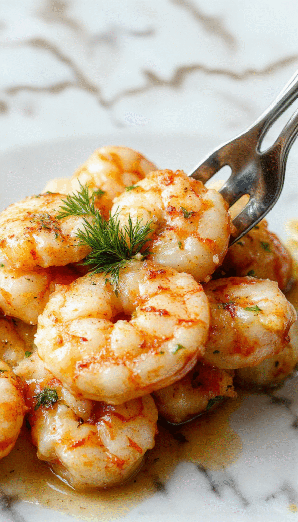 A close-up of a white plate featuring succulent shrimp coated in a creamy garlic sauce, garnished with chopped parsley, with a lemon wedge on the side, set against a rustic wooden table with scattered garlic cloves and fresh herbs, capturing vibrant colors and rich textures.