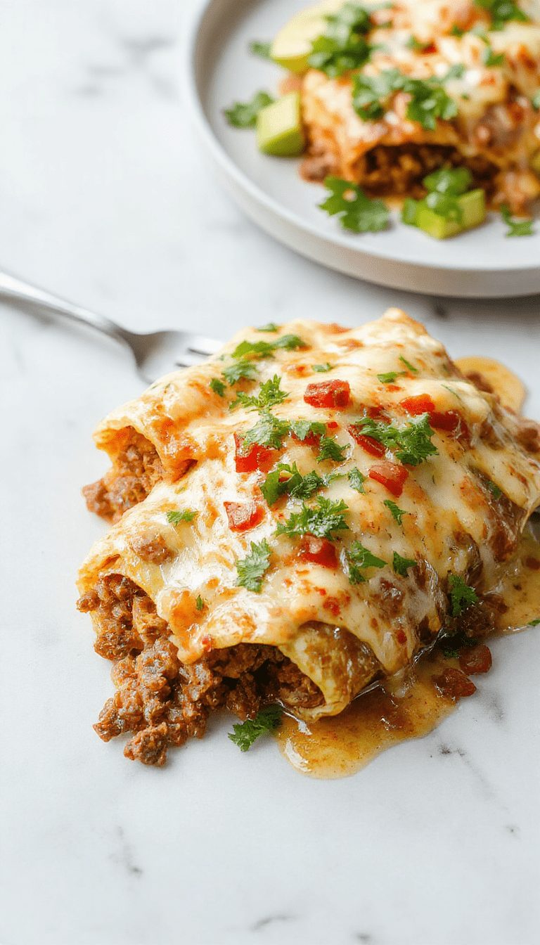 Colorful dish featuring golden-baked cheesy ground beef enchiladas arranged on a white plate, topped with melted cheese, fresh cilantro, and slices of jalapenos. The background shows a rustic wooden table with side servings and a spoon, highlighting the rich textures and vibrant colors of the dish.