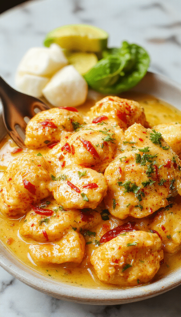 A vibrant plated butter chicken dish featuring tender chunks of chicken coated in a rich, creamy tomato-based sauce with a garnish of fresh cilantro. The dish is served on a white plate with a side of naan bread, garnished with a sprinkle of spices, glossy and inviting textures, with colorful ingredients contrasting beautifully.