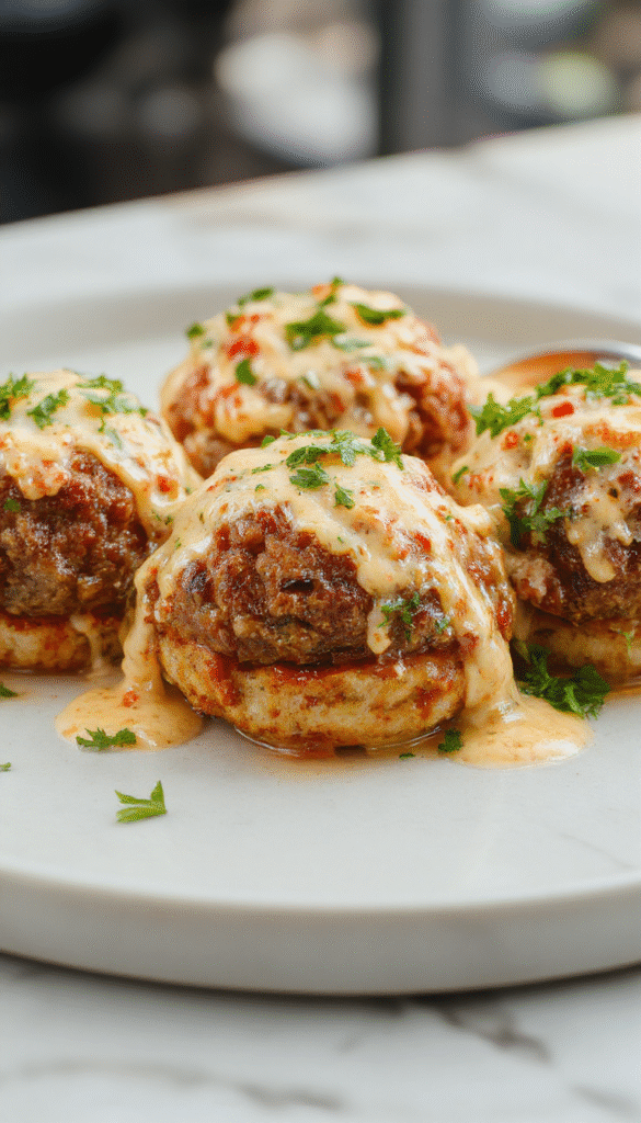 A close-up of golden-brown Italian meatballs nestled in a rich tomato sauce, topped with melted cheese and garnished with fresh basil, served on a rustic plate with a side of crusty bread, showcasing a tempting, saucy, and cheesy Italian dish.