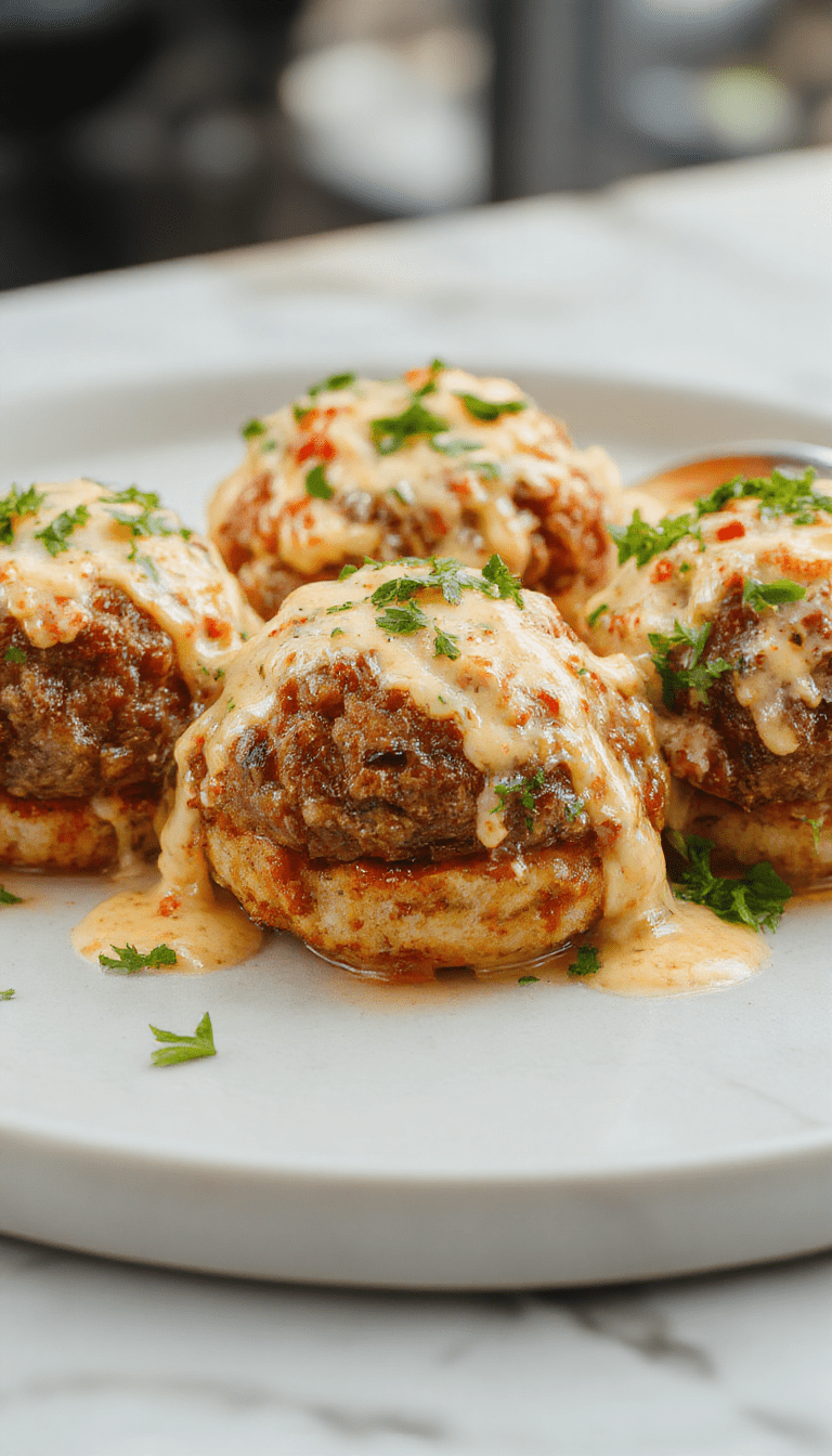 A close-up of golden-brown Italian meatballs nestled in a rich tomato sauce, topped with melted cheese and garnished with fresh basil, served on a rustic plate with a side of crusty bread, showcasing a tempting, saucy, and cheesy Italian dish.