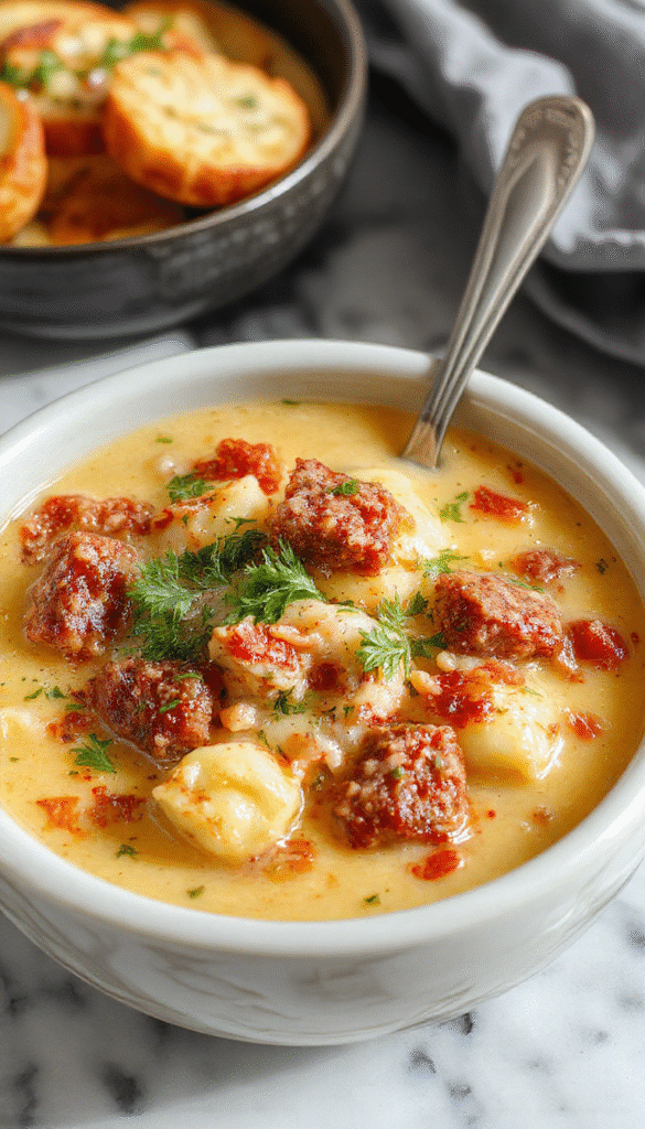 A vibrant bowl of creamy Italian sausage gnocchi soup with golden brown sausage slices, tender gnocchi, fresh herbs, and a garnish of grated cheese, served in a rustic white bowl on a wooden table with a spoon resting beside it, steam rising from the warm soup, showcasing rich textures and inviting colors.