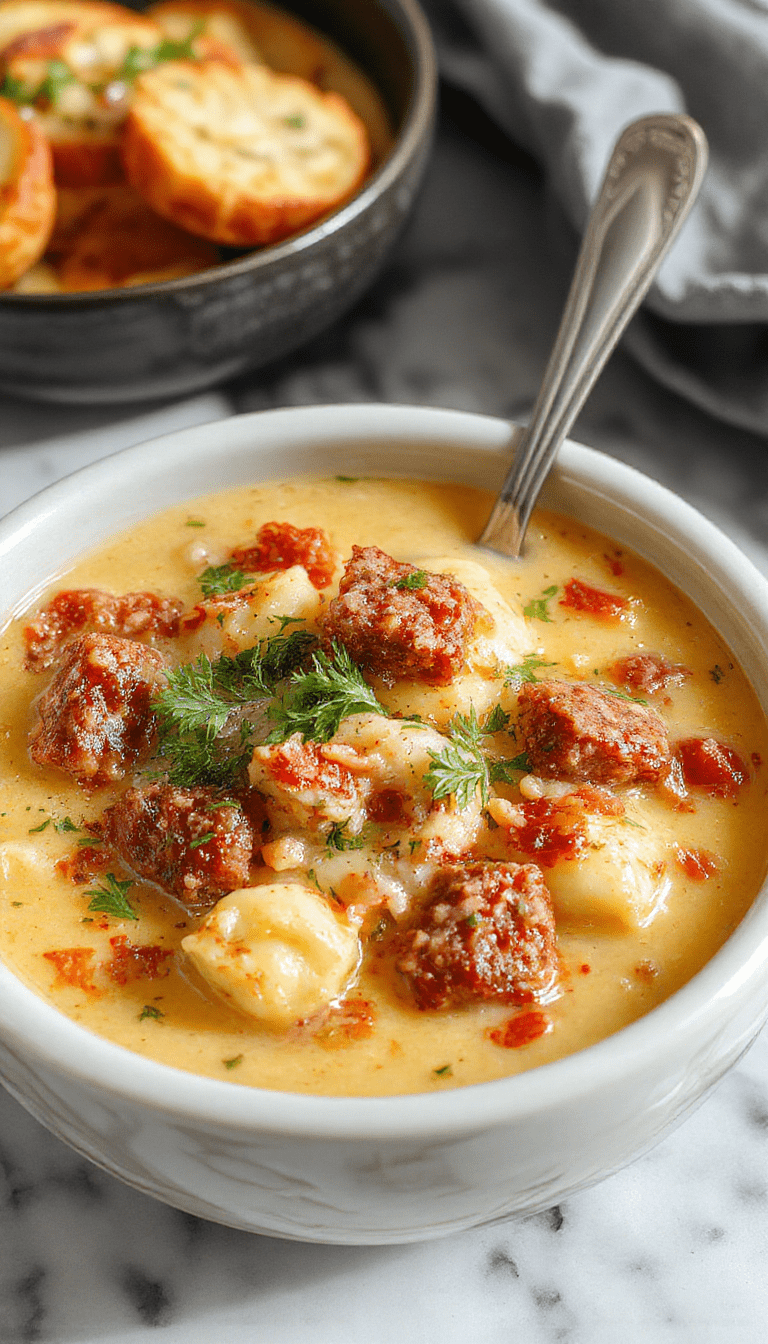 A vibrant bowl of creamy Italian sausage gnocchi soup with golden brown sausage slices, tender gnocchi, fresh herbs, and a garnish of grated cheese, served in a rustic white bowl on a wooden table with a spoon resting beside it, steam rising from the warm soup, showcasing rich textures and inviting colors.