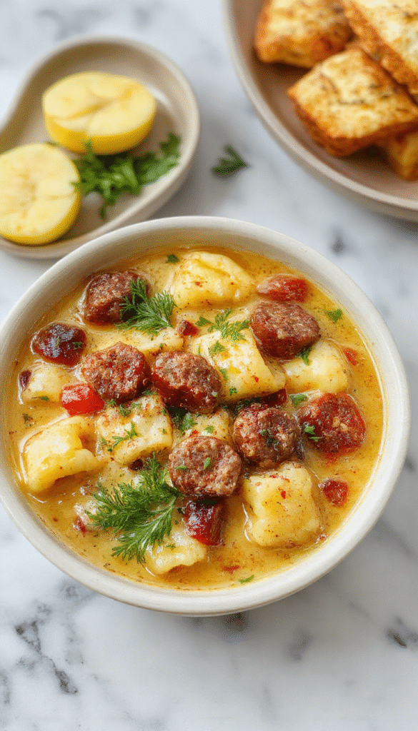 A warm, comforting bowl of creamy Italian sausage gnocchi soup featuring tender gnocchi, sliced Italian sausage, fresh herbs, and a rich, velvety broth, garnished with grated cheese and basil, served in a rustic white bowl on a wooden table with steam rising, evoking cozy winter evenings
