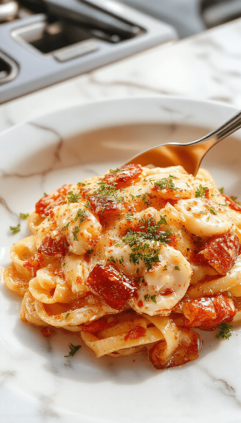 A stunning plate of lobster pasta featuring tender lobster chunks atop a creamy, al dente pasta, garnished with fresh parsley and a sprinkle of grated cheese, set on a rustic wooden table with a rich sauce glistening under warm lighting.