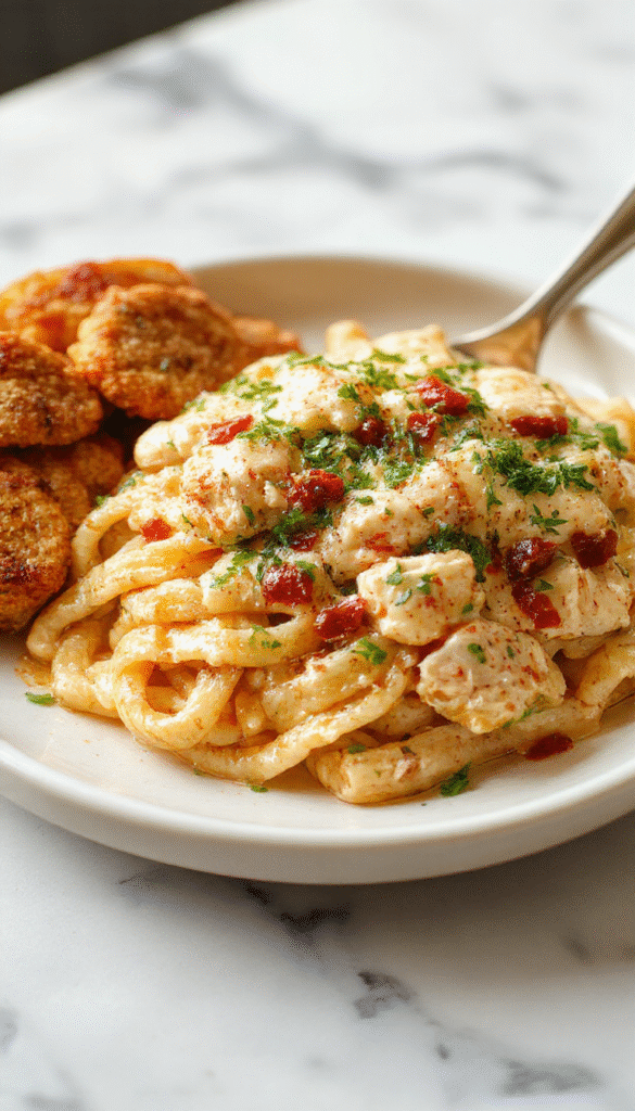 A vibrant plate of creamy chicken pasta featuring tender chicken pieces coated in a rich, silky sauce with al dente pasta, garnished with fresh herbs and a sprinkle of parmesan, served on a white plate with a rustic wooden background.