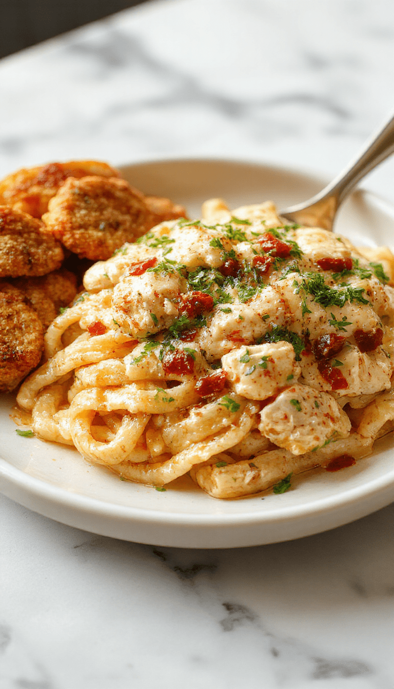 A vibrant plate of creamy chicken pasta featuring tender chicken pieces coated in a rich, silky sauce with al dente pasta, garnished with fresh herbs and a sprinkle of parmesan, served on a white plate with a rustic wooden background.