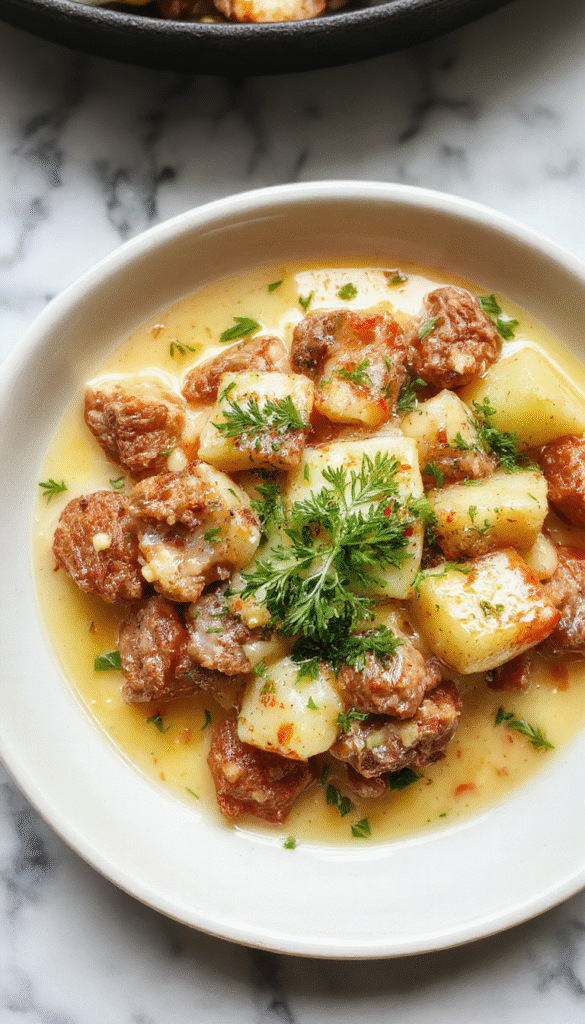 A vibrant skillet dish featuring golden-brown potatoes and tender meat topped with a creamy sauce, garnished with herbs. The dish is served in a rustic skillet on a wooden table with fresh herbs and a side of colorful vegetables.
