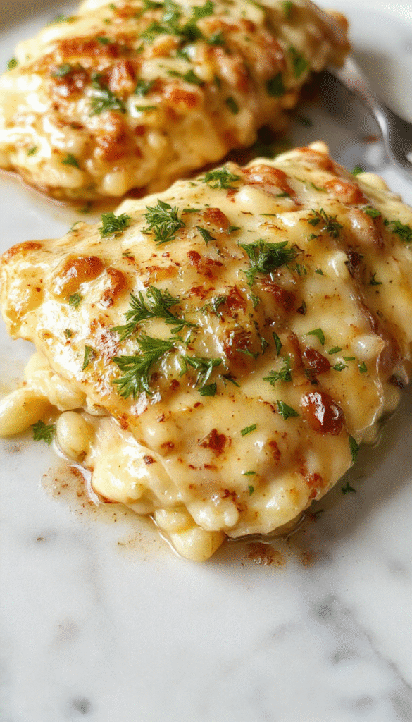 A vibrant plated dish featuring tender grilled chicken breasts topped with melted cheese, served over a bed of flavorful orzo pasta with colorful cherry tomatoes and fresh herbs, styled on a rustic wooden table.
