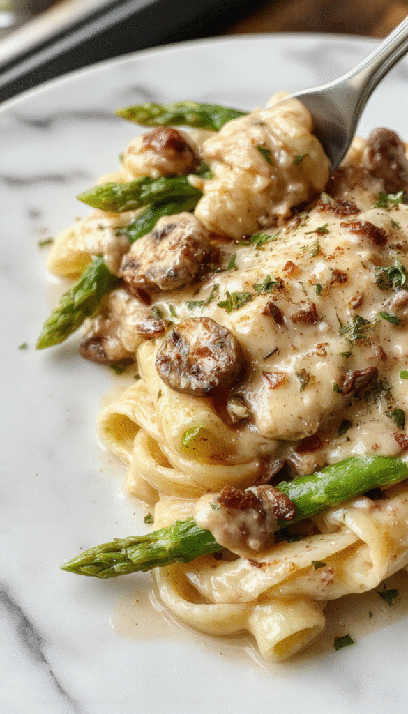 A vibrant plate of creamy mushroom asparagus chicken penne featuring al dente penne pasta topped with tender diced chicken, sautéed mushrooms, and bright green asparagus tips, all coated in a rich, creamy white sauce. The dish is beautifully plated with a sprinkle of freshly chopped herbs, contrasting textures of smooth sauce and crunchy vegetables, on a rustic white plate against a cozy wooden table background.