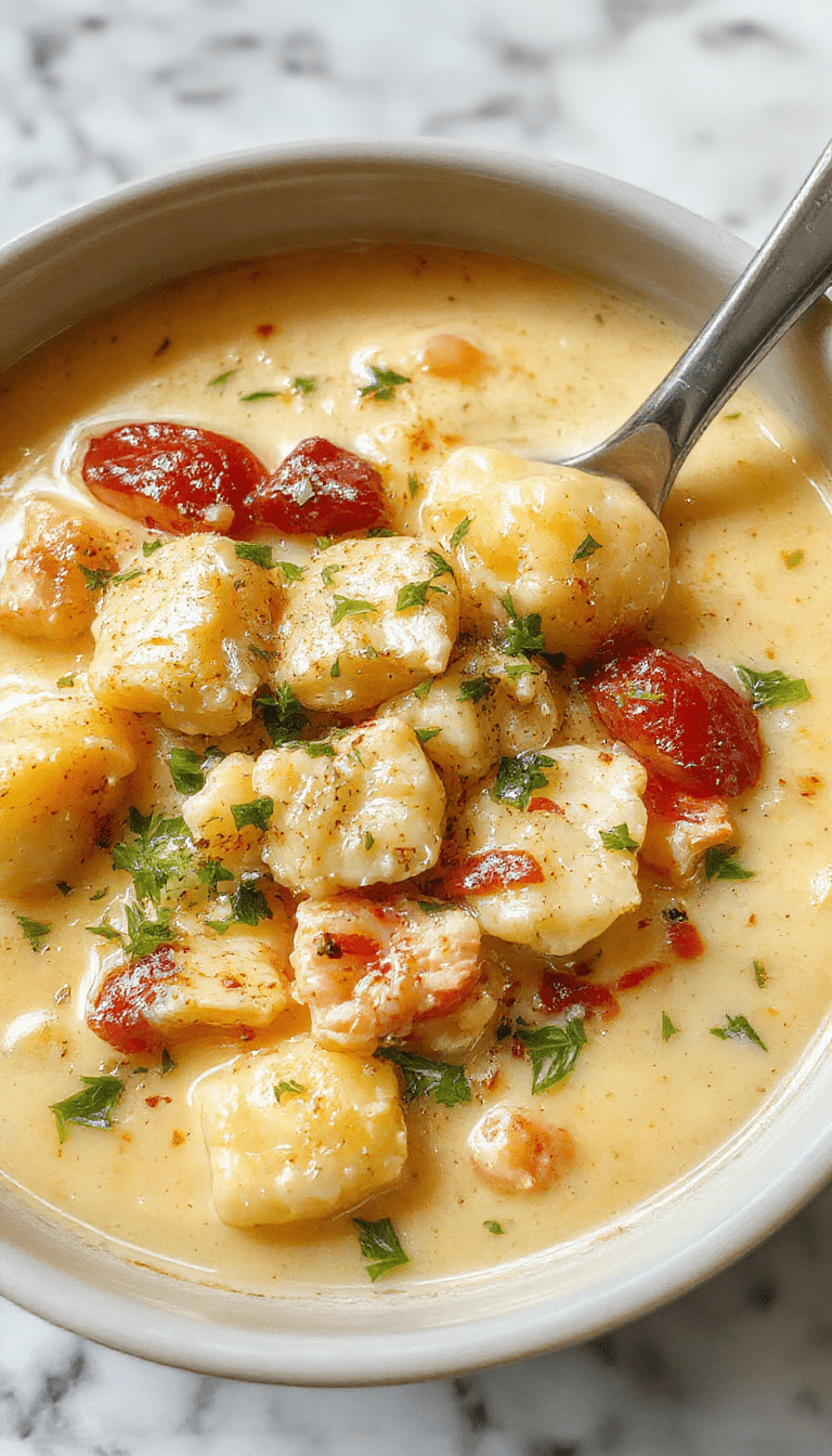 A steaming bowl of Olive Garden Chicken Gnocchi Soup featuring tender chunks of chicken, soft potato gnocchi, vibrant spinach leaves, and a rich creamy broth, garnished with freshly ground black pepper and herbs, styled in a rustic white bowl on a wooden table with a spoon ready for serving