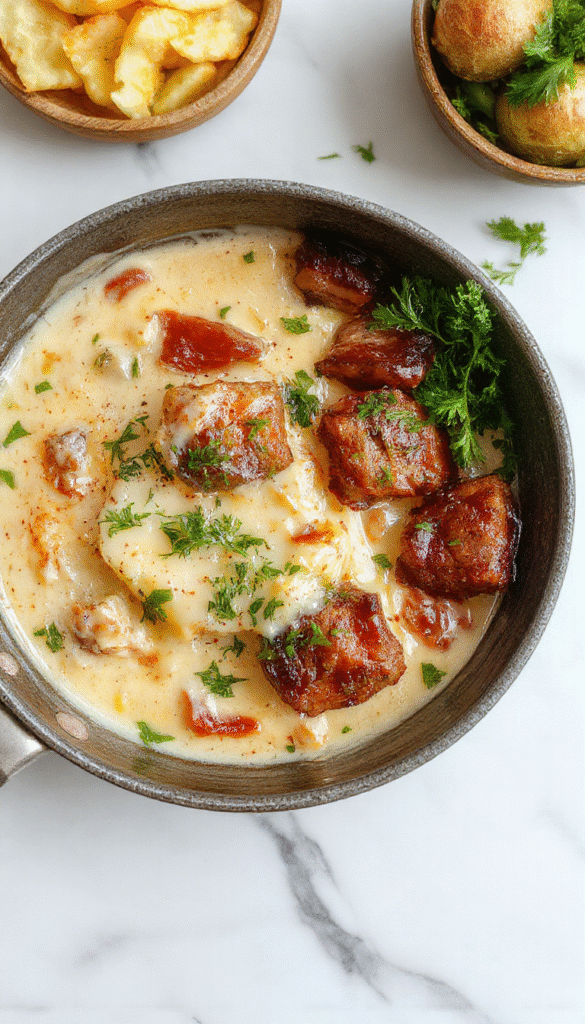 Colorful meat and potato skillet in a rustic white plate, creamy sauce coating tender beef chunks and golden crispy potatoes, garnished with fresh herbs