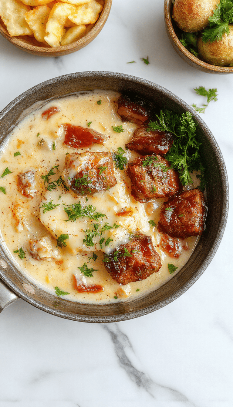 Colorful meat and potato skillet in a rustic white plate, creamy sauce coating tender beef chunks and golden crispy potatoes, garnished with fresh herbs