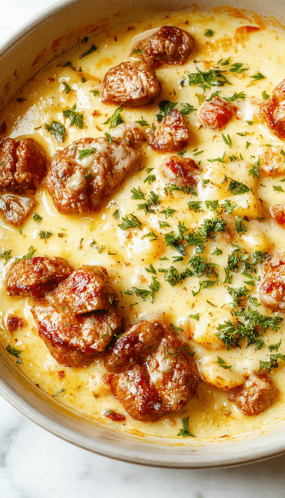 A vibrant, close-up image of a rustic skillet filled with creamy meat and tender potatoes, garnished with fresh herbs. The dish features golden-brown crispy edges, rich creamy sauce, and contrasting textures, styled on a wooden table with a sprinkle of chopped parsley for freshness.
