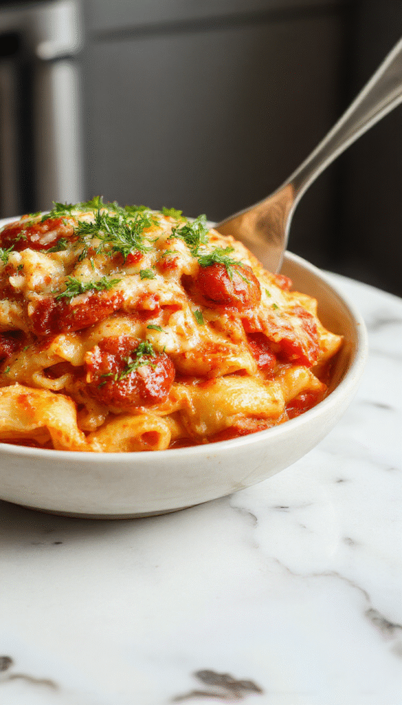 A vibrant bowl of creamy tomato pasta garnished with fresh basil, served on a rustic white plate. The sauce is smooth and glossy, coated over tender al dente pasta, with bright red tomato sauce and sprinkled Parmesan cheese. The background features a wooden table and fresh tomatoes, creating a warm and inviting atmosphere.
