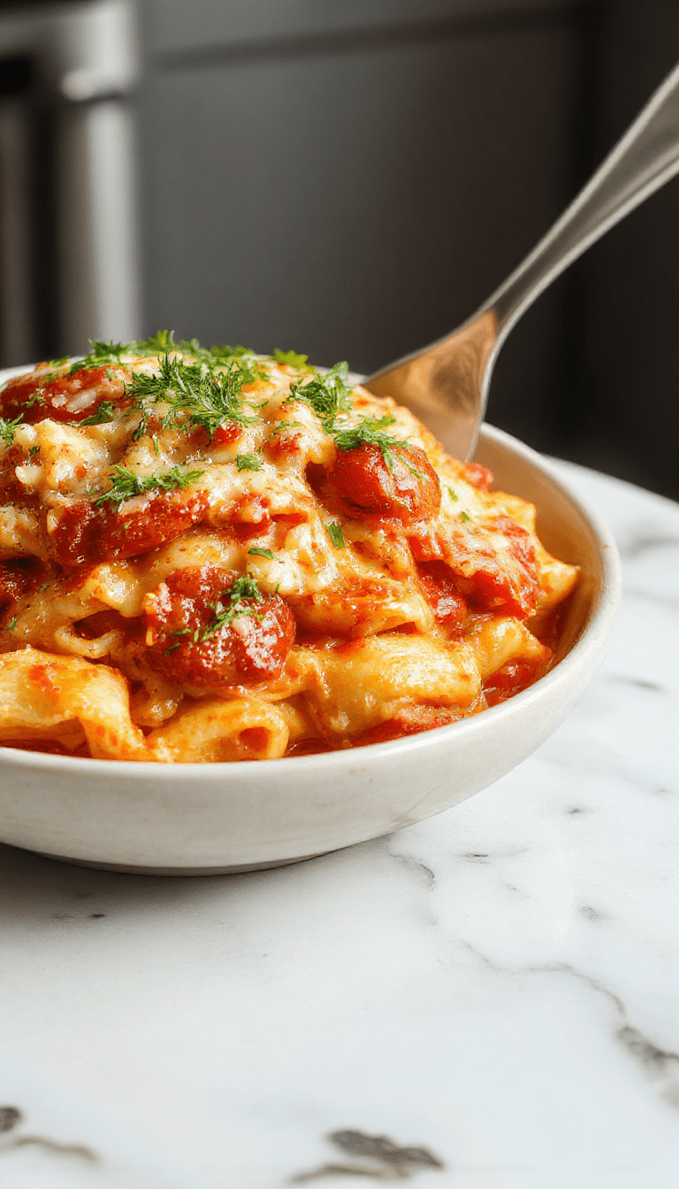 A vibrant bowl of creamy tomato pasta garnished with fresh basil, served on a rustic white plate. The sauce is smooth and glossy, coated over tender al dente pasta, with bright red tomato sauce and sprinkled Parmesan cheese. The background features a wooden table and fresh tomatoes, creating a warm and inviting atmosphere.