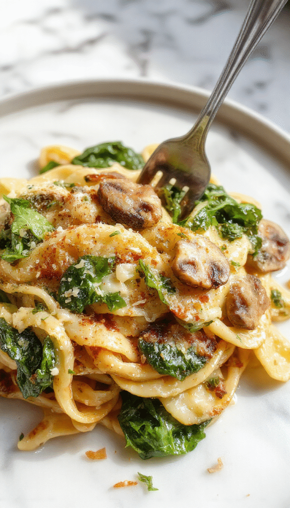 A vibrant plate of creamy spinach mushroom pasta featuring golden-brown sautéed mushrooms, fresh bright green spinach leaves, and a generous sprinkle of grated parmesan cheese, all beautifully arranged on a rustic ceramic plate with a drizzle of sauce and a sprinkle of herbs, styled with a fork resting beside to showcase the rich textures and inviting colors.