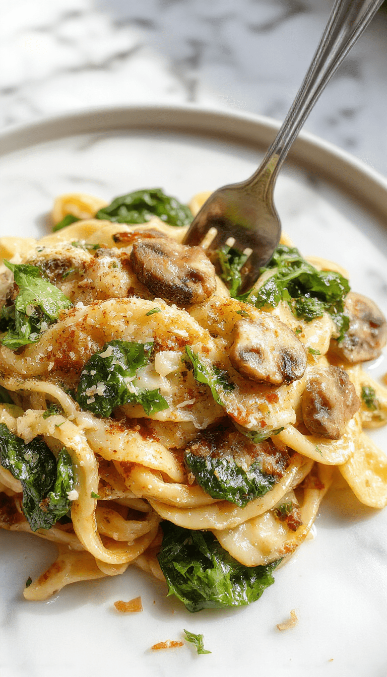A vibrant plate of creamy spinach mushroom pasta featuring golden-brown sautéed mushrooms, fresh bright green spinach leaves, and a generous sprinkle of grated parmesan cheese, all beautifully arranged on a rustic ceramic plate with a drizzle of sauce and a sprinkle of herbs, styled with a fork resting beside to showcase the rich textures and inviting colors.