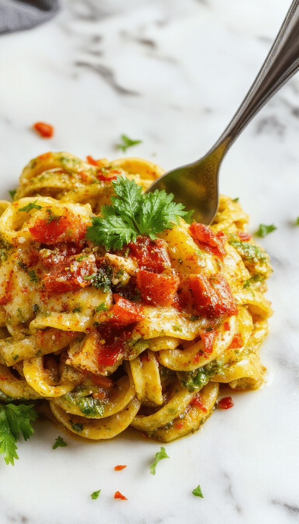 A vibrant plate of creamy pesto pasta topped with fresh basil leaves, coated in a luscious green sauce, served on a rustic white plate with grated cheese and cherry tomatoes in the background, with a fork twirling some pasta and a wooden table setting.